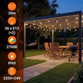Ghirlandă decorativă LED reglabilă pentru exterior 36xE12/1W/24/230V 22,35 m IP65 neagră + telecomandă