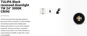 Spot LED incastrabil TULIPA Black recessed downlight 7W 24° 3000K CRI90