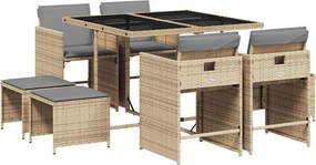 vidaXL Set de masă pentru grădină, 9 piese, cu perne, bej, poliratan