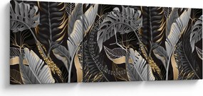 Tablou - Frunze tropicale, Galben - auriu (cu ceas) (90x30 cm)