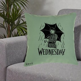 Perna Personalizata Wednesday cu Umbrela Ploaie Lineart, 40x40 cm, Verde, Husa Detasabila, Perna Inclusa, BEKZ®