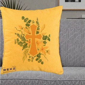 Perna Personalizata Cruce Florala Botez, 40x40 cm, Galben, Husa Detasabila, Perna Inclusa, BEKZ®