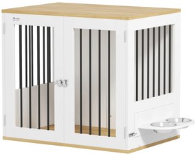 PawHut Cușcă pentru câini, masă de cafea, boluri mobile rotative la 360°, 2 uși pentru câine de talie medie 80x55x71,5 cm alb | Aosom Romania