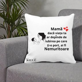 Cadou pentru Mama - Perna Personalizata Mama Nemuritoare Imbratisare Copil, 40x40 cm, Alba Mata, Husa Detasabila, Perna Inclusa, BEKZ®