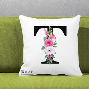 Cadou Personalizat - Perna Personalizata Monograma Florala Litera T, 40x40 cm, Alba Mata, Husa Detasabila, Perna Inclusa, BEKZ®