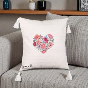 Perna Decorativa Inima din Bujori Acuarela, 40x40 cm, Bej cu Franjuri, Husa Detasabila, Perna Inclusa, BEKZ®