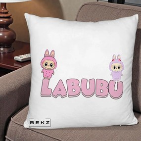 Perna Personalizata Labubu Duo Roz-Lila cu Text, 40x40 cm, Alb Pufos, Husa Detasabila, Perna Inclusa, BEKZ®