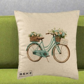 Perna Decorativa Bicicleta Teal cu Cosuri Duble de Flori Vintage, 40x40 cm, Bej, Husa Detasabila, Perna Inclusa, BEKZ®