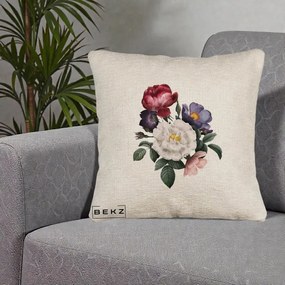 Perna Decorativa Buchet Trandafiri Bujori Botanical, 40x40 cm, Bej Canapea, Husa Detasabila, Perna Inclusa, BEKZ®