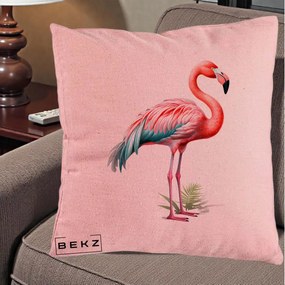 Perna Decorativa Flamingo Roz cu Pene Teal, 40x40 cm, Roz, Husa Detasabila, Perna Inclusa, BEKZ®