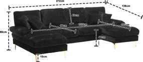 Canapea modulară mare, modernă, în formă de U, din chenille, cu dublu șezlong rabatabil, Negru