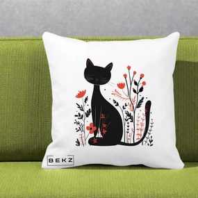 Perna Decorativa Pisica Neagra Flori Rosii Folk Minimal, 40x40 cm, Alba Mata, Husa Detasabila, Perna Inclusa, BEKZ®