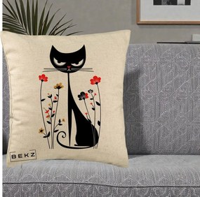 Perna Decorativa Pisica Neagra Grafica Flori Rosii, 40x40 cm, Bej, Husa Detasabila, Perna Inclusa, BEKZ®