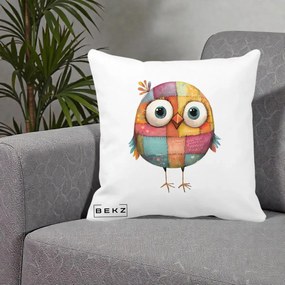 Perna Decorativa Pasare Patchwork Colorata, 40x40 cm, Alba Mata, Husa Detasabila, Perna Inclusa, BEKZ®