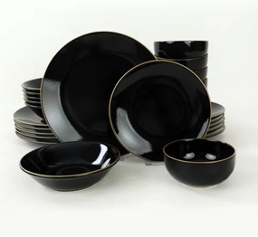 Set de masă, 24 piese, negru/auriu, din ceramică de tip stoneware