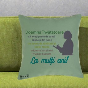 Cadou pentru Invatatoare - Perna Personalizata Doamna Invatatore La Multi Ani cu Silueta si Text Colorat, 40x40 cm, Verde, Husa Detasabila, Perna Inclusa, BEKZ®