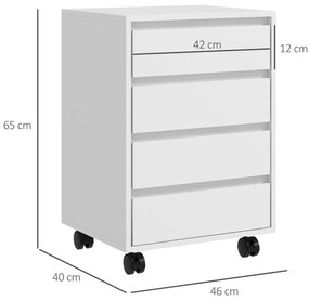 HOMCOM Comodă de Birou cu 4 Sertare și Roți pentru Studiu 46x40x65 cm Alb | Aosom Romania