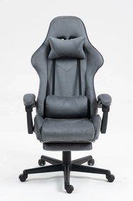 Scaun gaming, masaj în perna lombară, suport picioare, catifea, Gri
