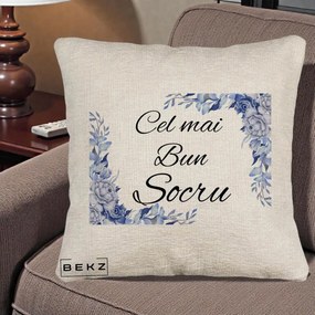 Cadou pentru Socru - Perna Personalizata Cel mai Bun Socru cu Flori Albastre Acuarela, 40x40 cm, Bej Canapea, Husa Detasabila, Perna Inclusa, BEKZ®