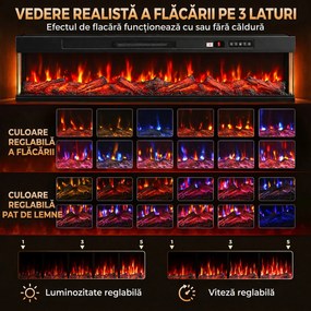 HOMCOM Șemineu electric de podea/încorporabil, pe 3 laturi, cu telecomandă, 750/1500 W, efect flacără 3D, 12 culori, 5 niveluri de luminozitate | Aosom Romania
