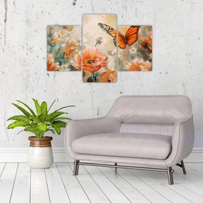 Tablou - Fluture și flori, pictură în ulei (90x60 cm)