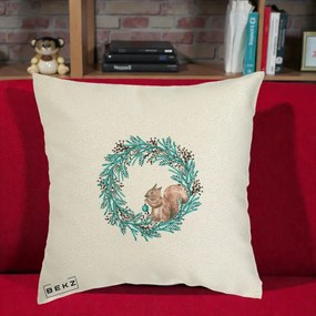 Perna Decorativa Coroana Turcoaz cu Veverita, 40x40 cm, Ecru, Husa Detasabila, Perna Inclusa, BEKZ®