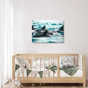 Tablou pe sticlă - Delfini în ocean (70x50 cm)
