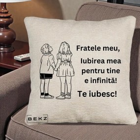 Cadou pentru Frate - Perna Personalizata Fratele Meu Te Iubesc Copii Tinand Maini Line Art, 40x40 cm, Bej Canapea, Husa Detasabila, Perna Inclusa, BEKZ®
