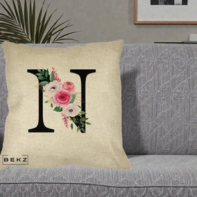 Cadou Personalizat - Perna Personalizata Monograma Florala Litera N, 40x40 cm, Crem, Husa Detasabila, Perna Inclusa, BEKZ®