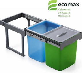 Cos gunoi incorporabil Ekko Easy 40 Ecomax, cu extragere totala, colectare selectiva, 2 x 16 l Polipropilena, Albastru Verde, L:339 mm; A:486 mm;