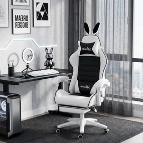 Vinsetto scaun gaming cu urechi de iepuraș, suport pentru picioare, perne, reclinabil și cu înălțime reglabilă, negru | Aosom Romania