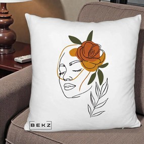 Perna Decorativa Portret Feminin Trandafir Ruginiu, 40x40 cm, Alb Pufos, Husa Detasabila, Perna Inclusa, BEKZ®