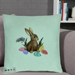 Perna Decorativa Iepuras cu Oua de Pasti Acuarela, 40x40 cm, Verde Menta, Husa Detasabila, Perna Inclusa, BEKZ®