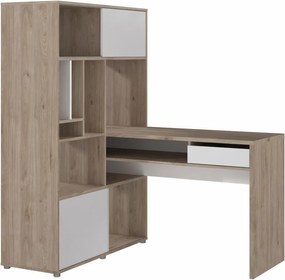 Birou de colt cu biblioteca in decor de stejar Jackson Hickory, EFREM PLUS