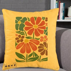 Perna Decorativa Flori Grafice Colorate Retro, 40x40 cm, Galben, Husa Detasabila, Perna Inclusa, BEKZ®