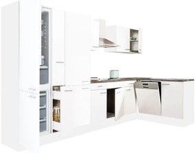 Dulap de bucătărie de colț Yorki 370 cu corp alb, față alb satinat, dulap cu rafturi și frigider congelator inferior