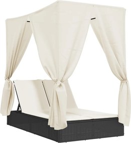 vidaXL Șezlong de plajă dublu cu acoperiș și perdele, negru, poliratan