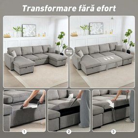 HOMCOM Canapea Extensibilă Modernă în Formă de U și Spații de Depozitare, Catifea Reiată, 282x140x86 cm, Gri | Aosom Romania
