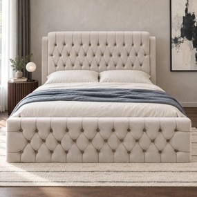 Pat tapițat din catifea Aveline 160×200 cm, crem, cu ladă de depozitare