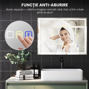 HOMCOM Oglindă Baie Anti-aburire Con Lumină Led E Difuzor Bluetooth 80x60 cm | Aosom Romania