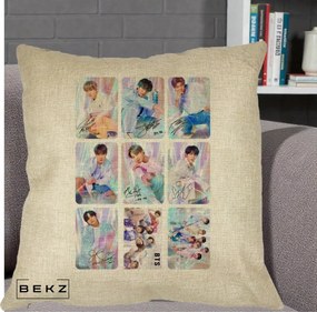 Perna Personalizata K-pop BTS Colaj 9 Fotografii Autografe Individual, 40x40 cm, Crem, Husa Detasabila, Perna Inclusa, BEKZ®