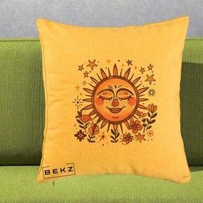 Perna Decorativa Soare Retro Boho Floral, 40x40 cm, Galben, Husa Detasabila, Perna Inclusa, BEKZ®