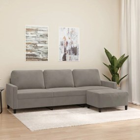 Canapea cu 3 locuri si taburet, gri deschis, 210 cm, catifea