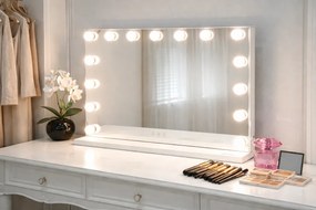 Oglindă cosmetică, sistem iluminare LED cu 3 culori, 15 bulbi, Senzor Tactil, Luminozitate Reglabilă, Alb