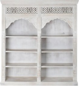 Bibliotecă sculptată din lemn masiv de mango, finisaj alb antichizat, 6 rafturi deschise, 180×40×200 cm, „Maharaja"