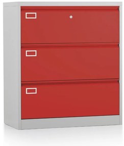 Dosar metalic cu două rânduri A4 - 3 sertare, 90 x 45 x 102 cm, încuietoare cu cilindru, roșu - ral 3000