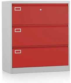 Dosar metalic cu două rânduri A4 - 3 sertare, 90 x 45 x 102 cm, încuietoare cu cilindru, roșu - ral 3000