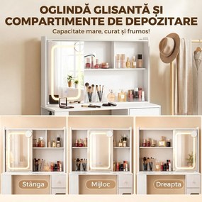 HOMCOM Masă de Toaletă cu Oglindă Glisantă, Lumini LED și Sertar, Alb | Aosom Romania