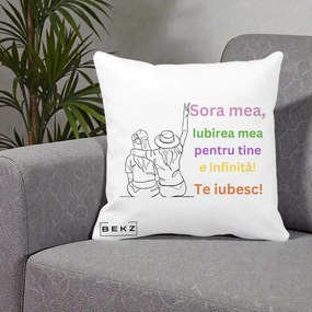 Cadou pentru Sora - Perna Personalizata Sora Mea Te Iubesc Doua Fete cu Palarie si Umbrela, 40x40 cm, Alba Mata, Husa Detasabila, Perna Inclusa, BEKZ®