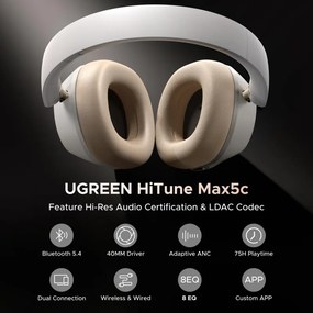 Casti fara fir UGREEN HiTune ANC Max5c HP203, Pana la 75 de ore, Spatial Audio, Hi-Res, Anulare hibrida a zgomotului (ANC), Pliabile, Alb